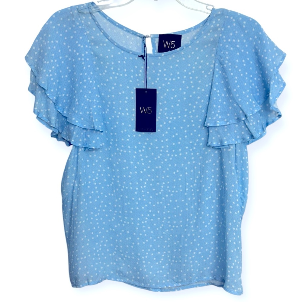 Boho Anthropologie: W5 Light Blue Polka Dot‎ Ruffle Spring Blouse Size S